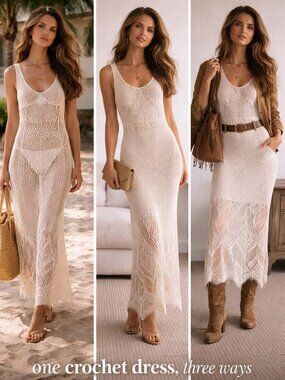 White House Black Market Crochet Maxi Dress Cream Boho Lace Knit Sheer Size S